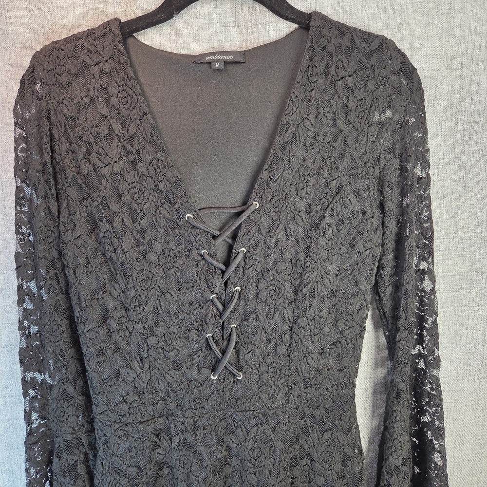 Black Lace Y2K Women's Dress 3/4 Bell Sleeve Goth Medium Lace Up Lined Vampy